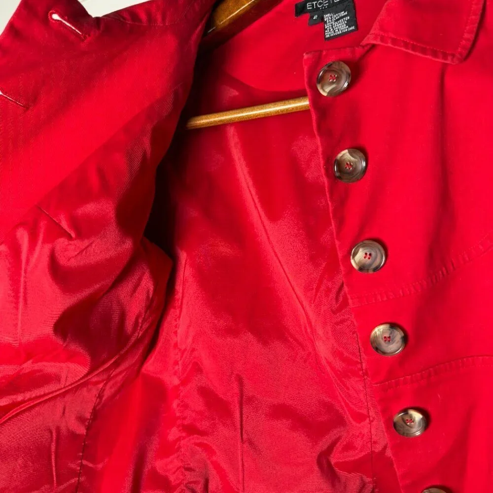 Etcetera Fire Red Cotton Empire Waist Button Down Coat Blazer Jacket SZ 2
